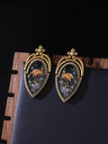 Vintage peacock oil earrings, 18K gold plated copper alloy with enamel painted peacock design, ear drops 6.3 x 3.3cm