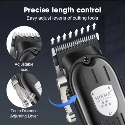 Black professional hair clipper set with aluminum foil shaver and LCD display.