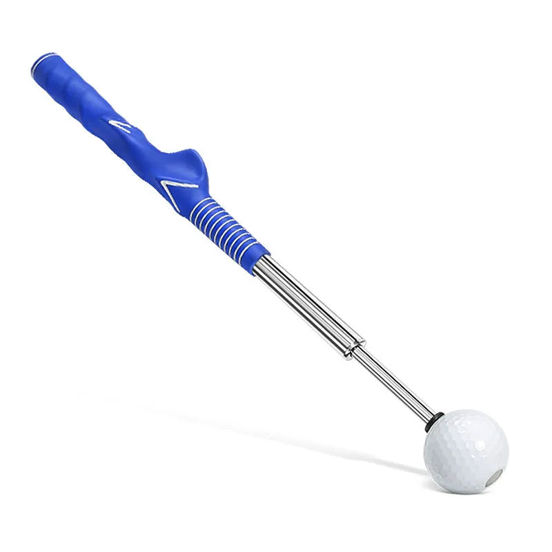 Telescopic stainless steel golf swing trainer in black, blue, and red colour options.