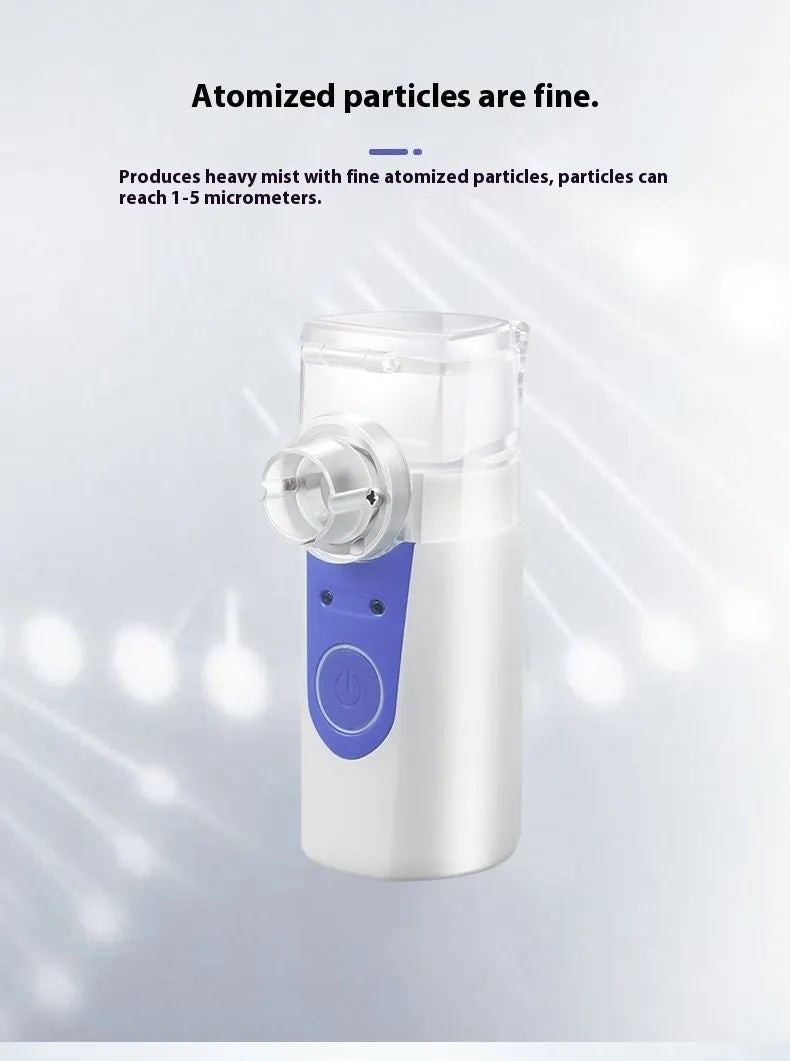 Handheld column-shaped USB nebuliser spray machine with water tank for household and children's use.