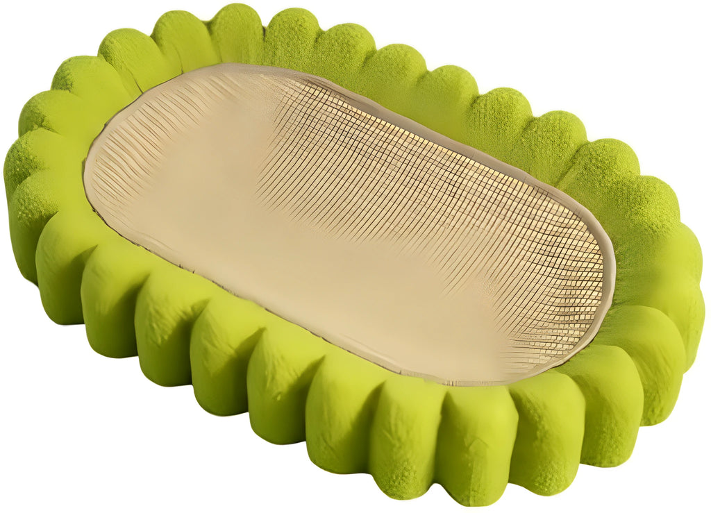 Green oval cat scratcher pad with sisal material and integrated cat bed bowl design