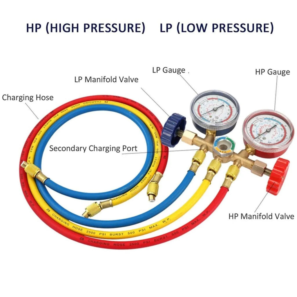 Refrigerant instrument cluster with brass manifold, hook, and red blue yellow 80cm hoses for A/C servicing
