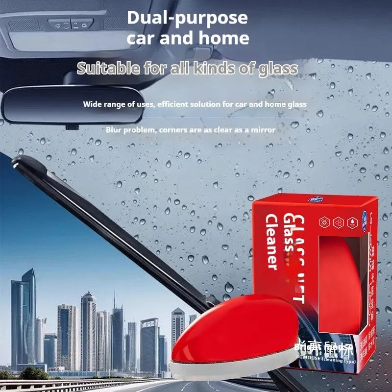 Car Glass Bright Mouse oil film remover with black applicator and polish cloth on glass surface