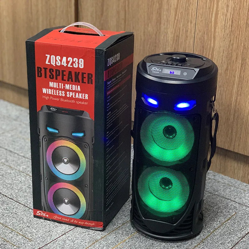 Black portable Bluetooth speaker with dual horn cannon design and USB port
