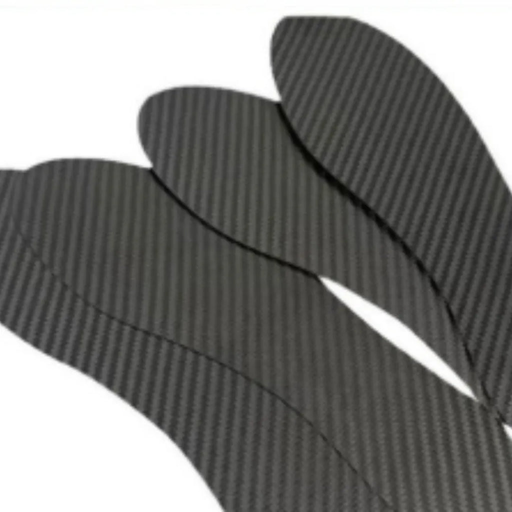 Black 3K carbon fibre running insoles showing full palm weave, available in multiple sizes and thicknesses.