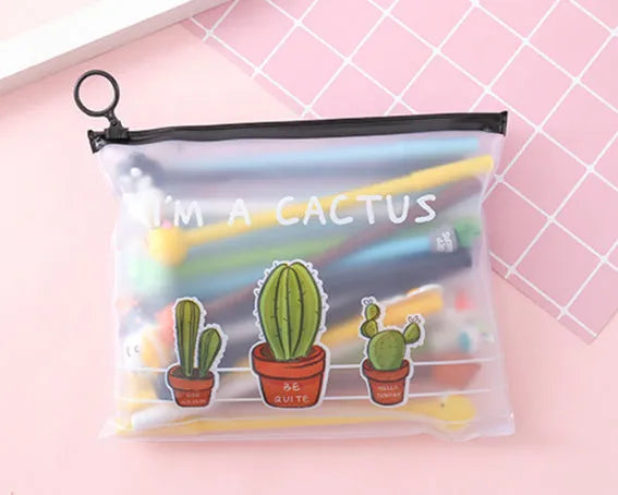 Colourful Marvel cartoon plastic pen case open to show 20 black pens, with cactus character designs.