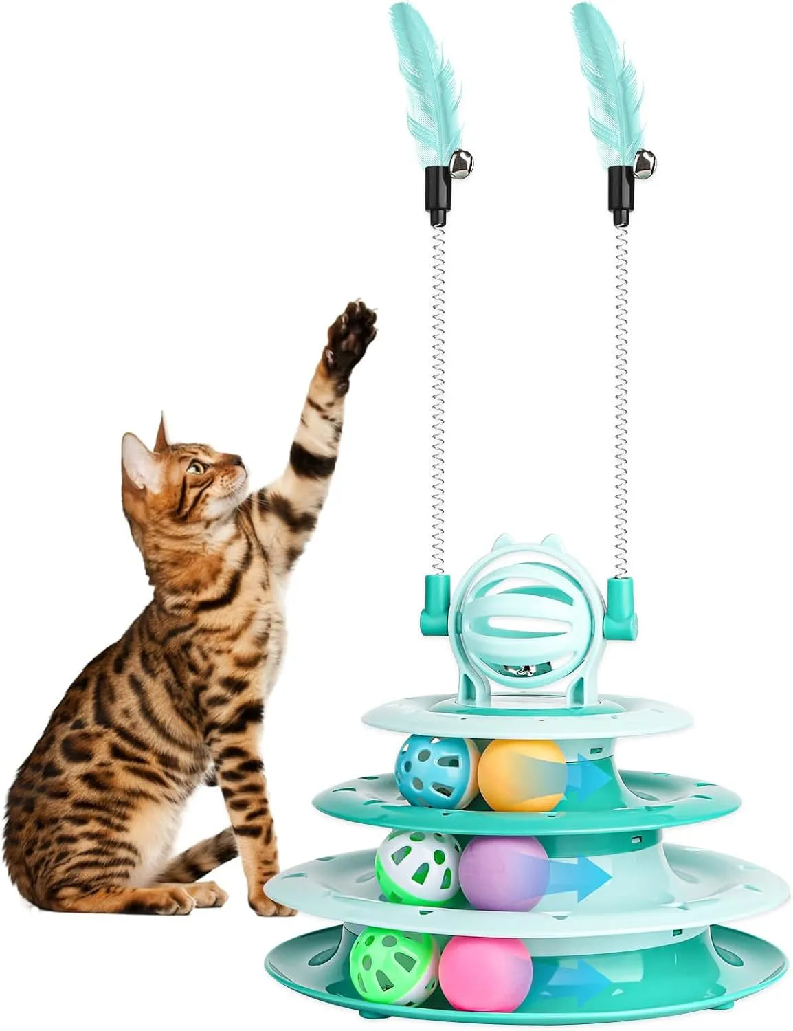 Blue four-tier interactive cat carousel toy with balls and teasing rods on a non-slip base.