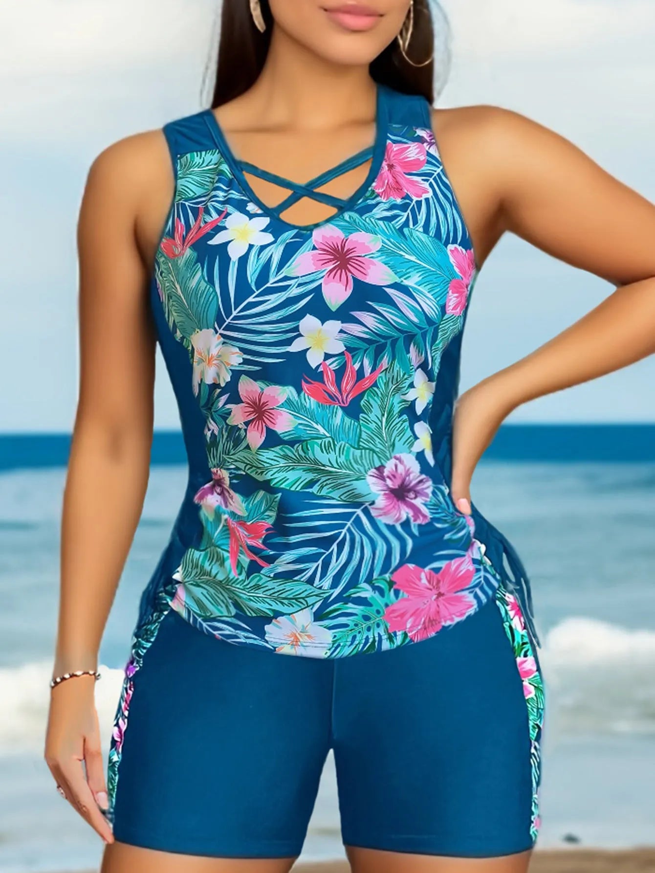 Plus size women's floral print bikini with high-waist briefs in navy blue