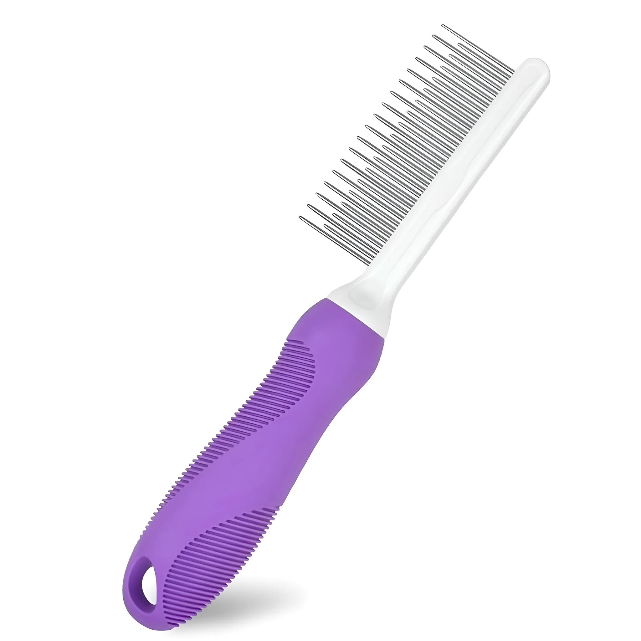 Purple pet grooming comb with stainless steel long and short teeth and an ergonomic handle.