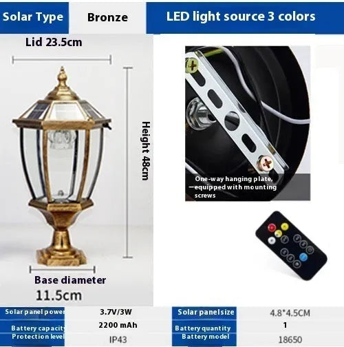 Solar pillar lamp outdoor IP65 6V 5W column light in black or bronze bend shape