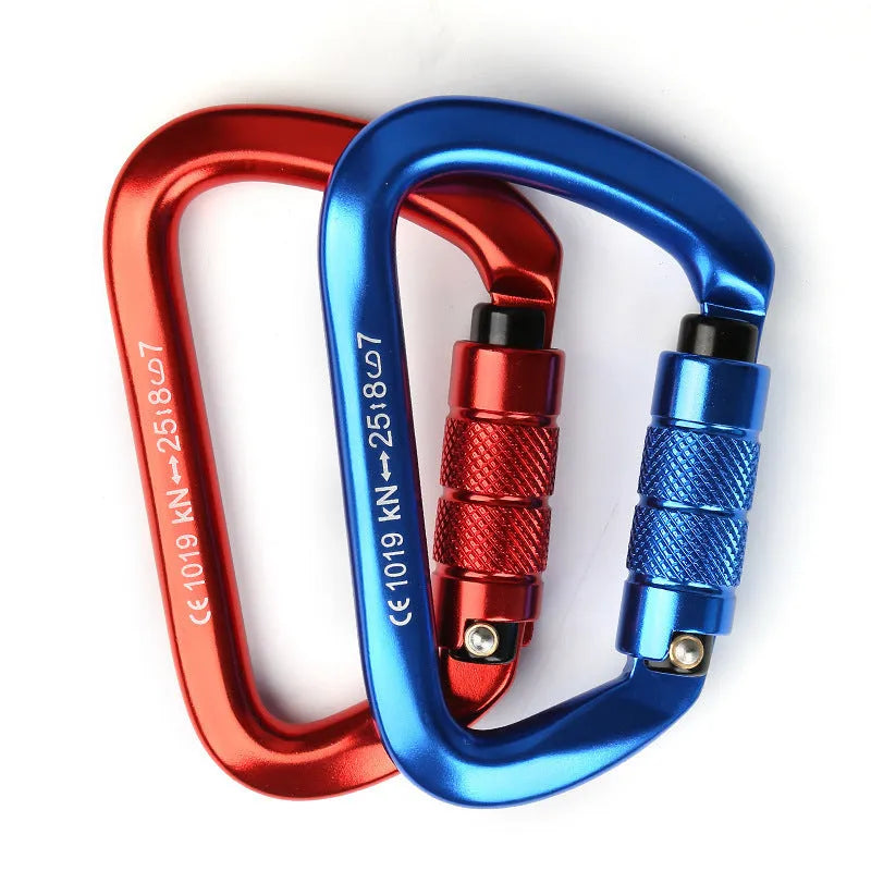 D-shaped rock climbing carabiner with automatic gate shown in orange, alongside a threaded gate version in black.