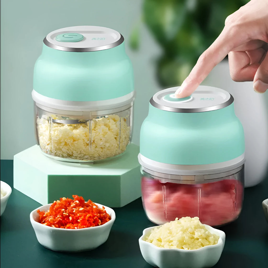 Portable electric food chopper with transparent cup and stainless steel blades showing 150ml and 230ml capacity options