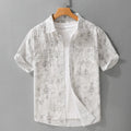 Men's grey white pure cotton cardigan with hanging dyed print showing loose fit and short sleeves