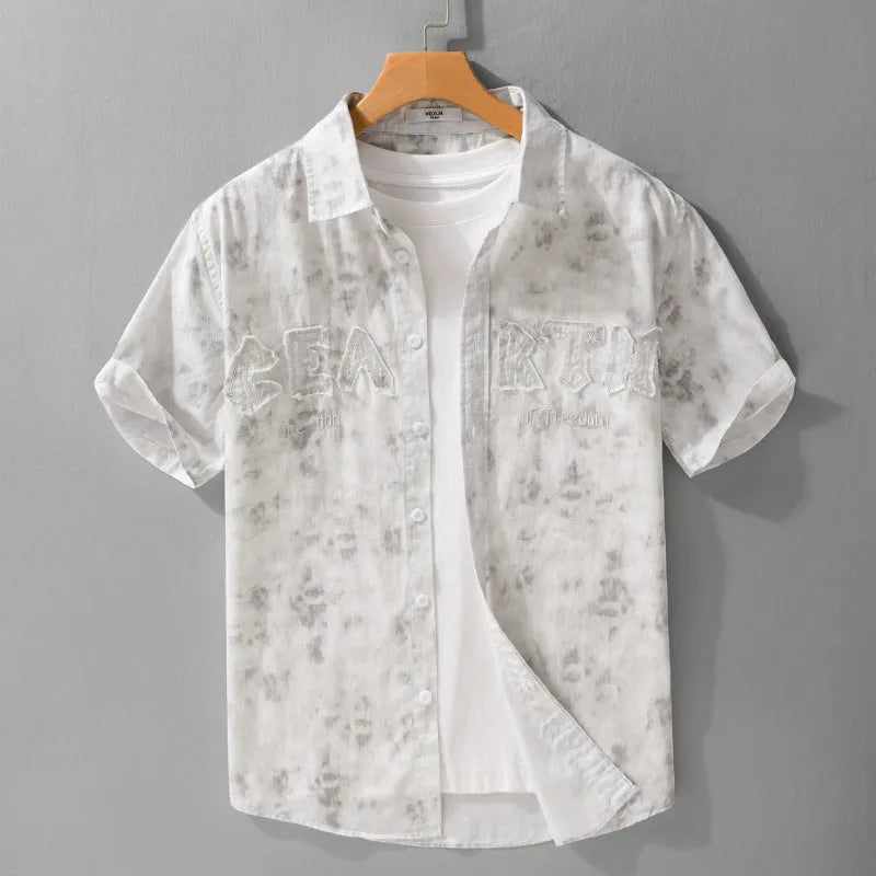 Men's grey white pure cotton cardigan with hanging dyed print showing loose fit and short sleeves