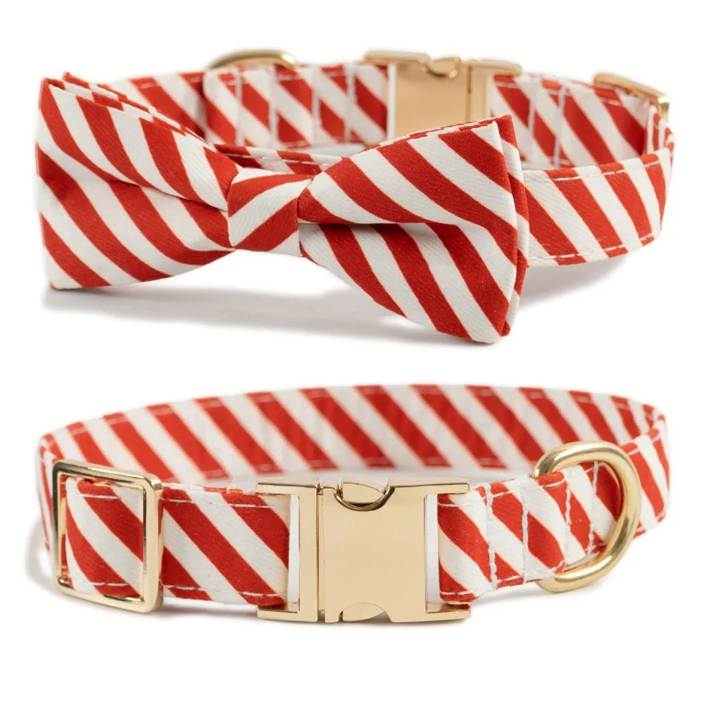 Striped green dog collar with a red bow, showing engraving space and adjustable buckle.
