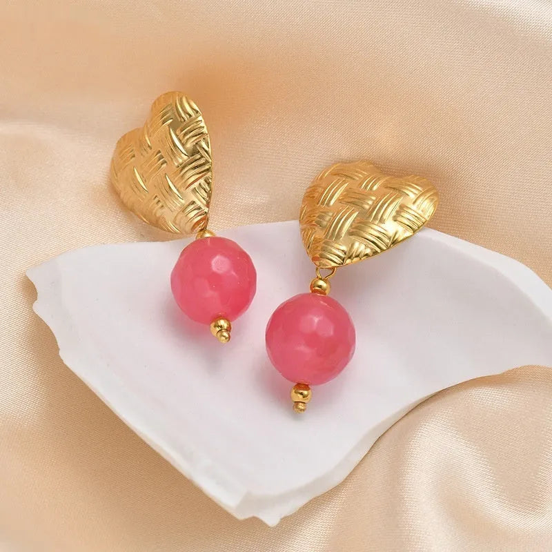 Woven love heart electroplated ear studs with hanging beads in six colours rose red brown purple watermelon green orange yellow