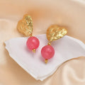 Woven love heart electroplated ear studs with hanging beads in six colours rose red brown purple watermelon green orange yellow
