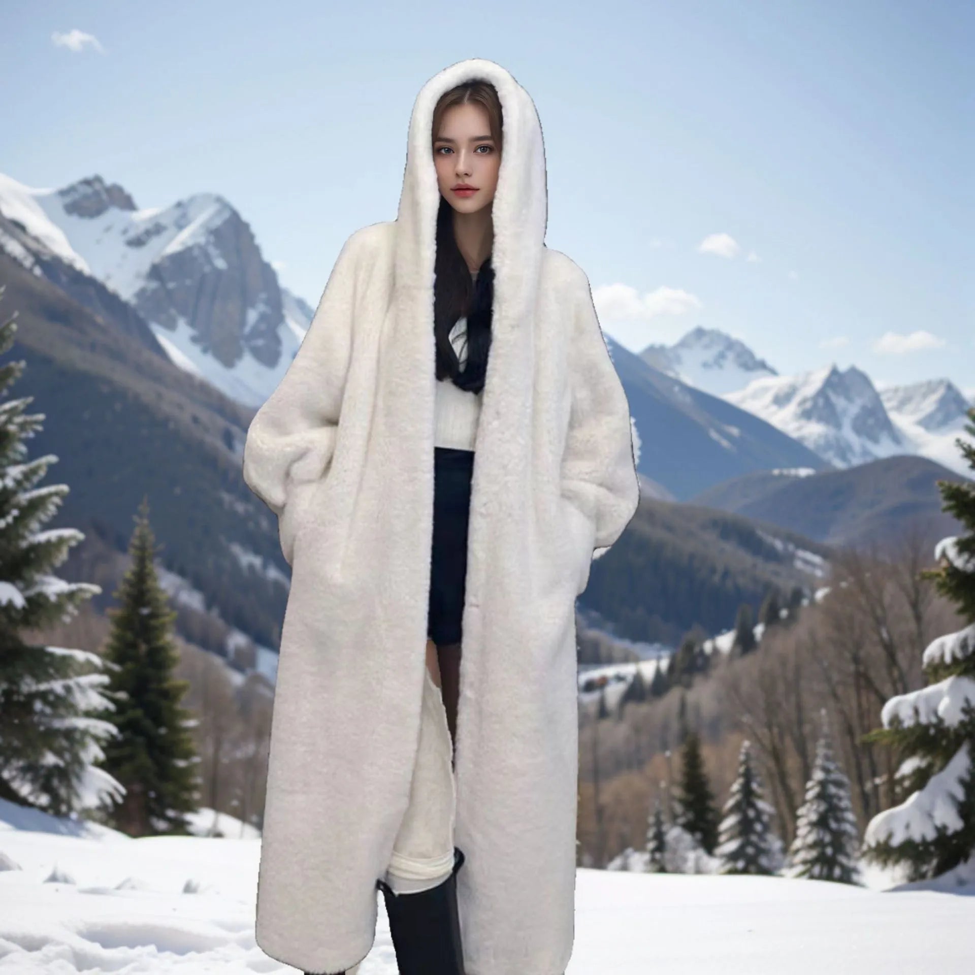 Long brown leopard print faux fur coat on a plus-size model, showing its 100cm length and loose fit.