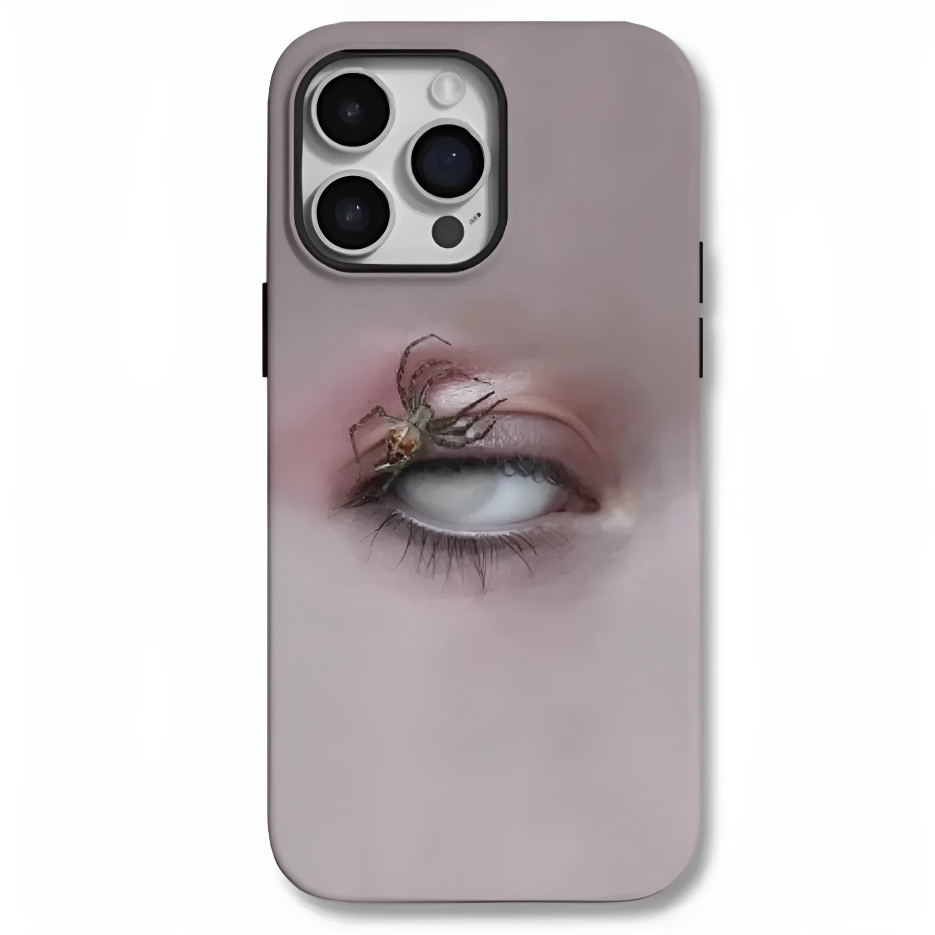 Dark heterochromatic spider design on a frosted resin protective case for iPhone.