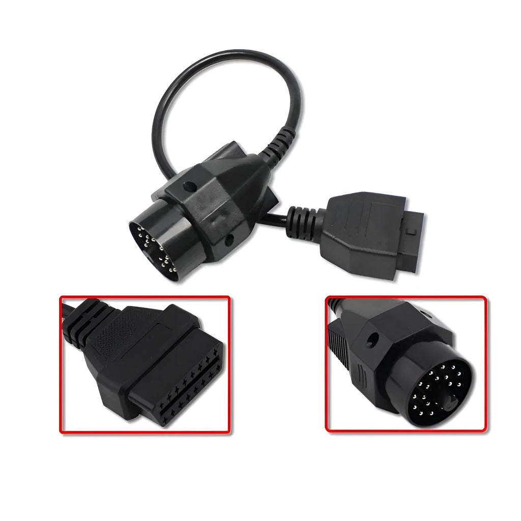 BMW 20-pin male to standard 16-pin OBD2 female diagnostic adapter cable on a workshop bench.