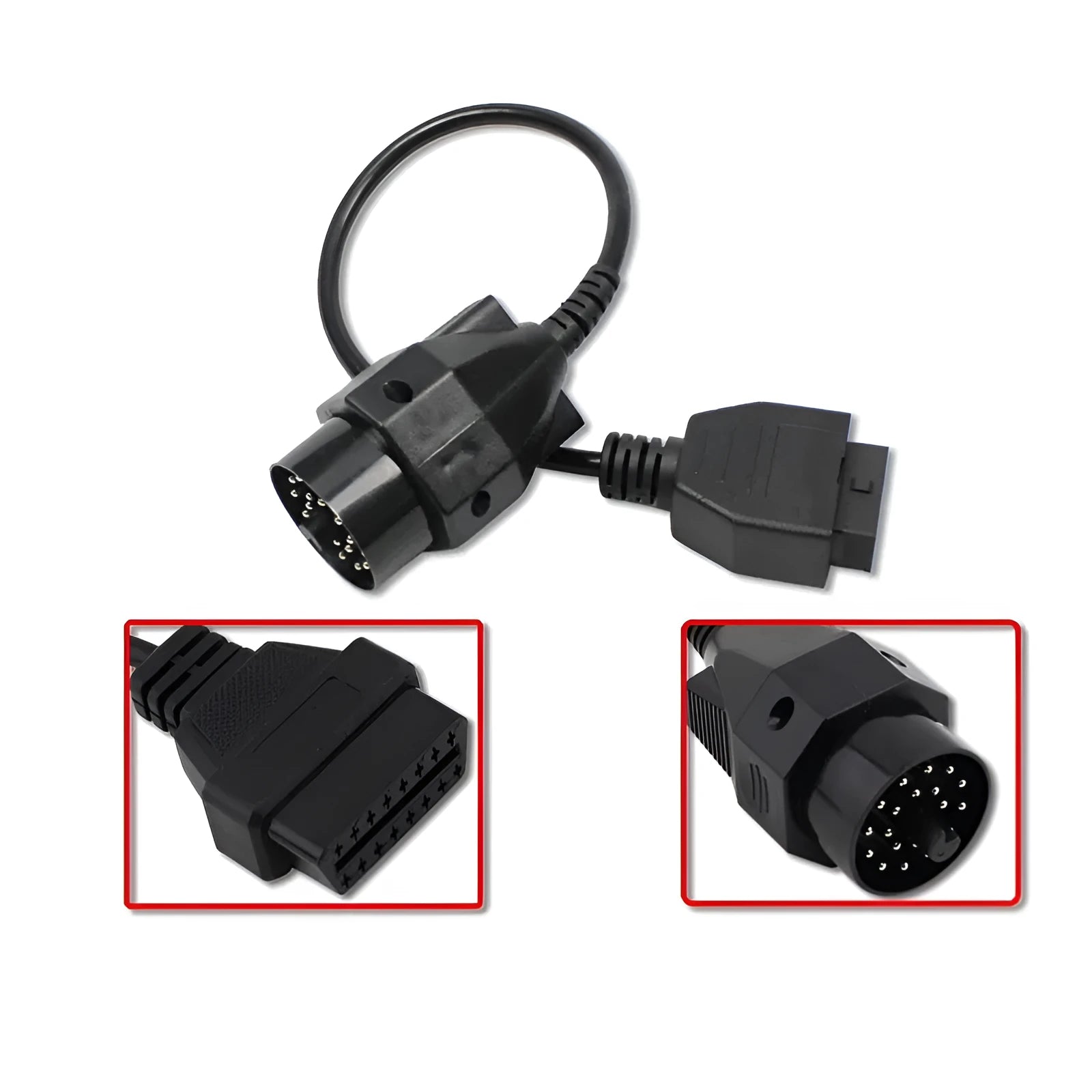 BMW 20-pin male to standard 16-pin OBD2 female diagnostic adapter cable on a workshop bench.