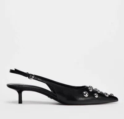 Women's black pointed stiletto wedge heel shoes with rivet decorations and synthetic PU upper