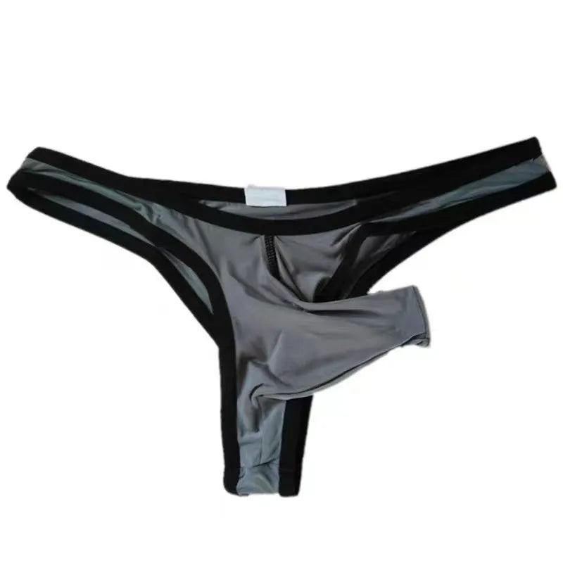 Men's white Ice Silk nylon briefs on a grey background, showing the elephant nose front pouch design.
