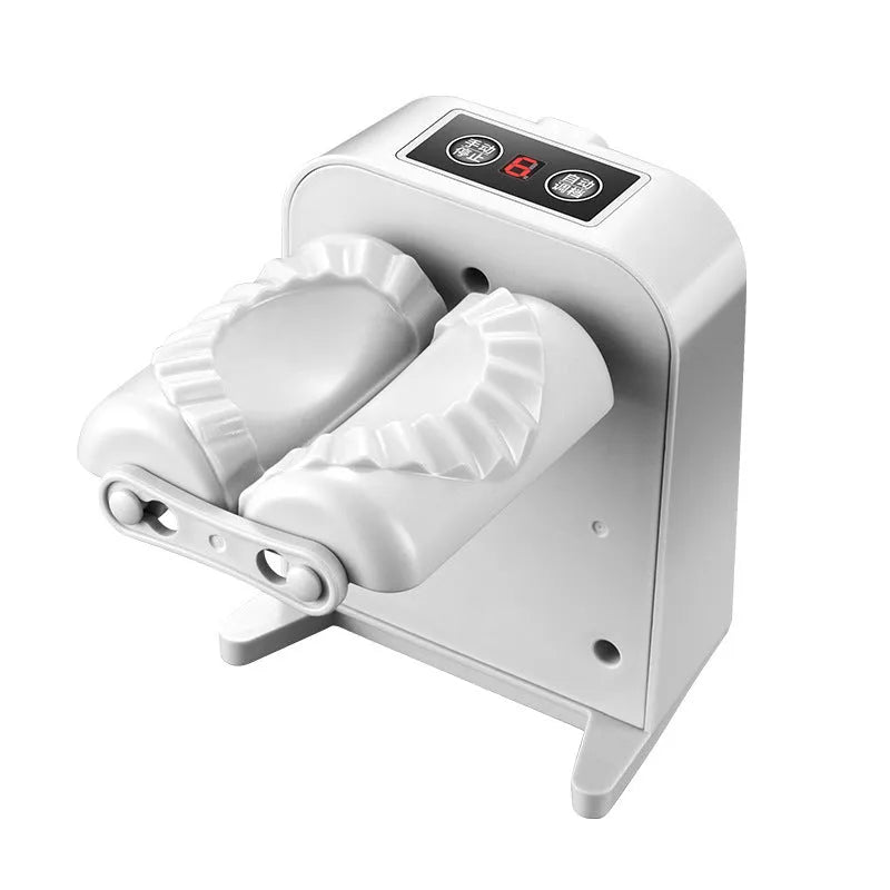 White electric dumpling maker machine with USB charging cable and accessories