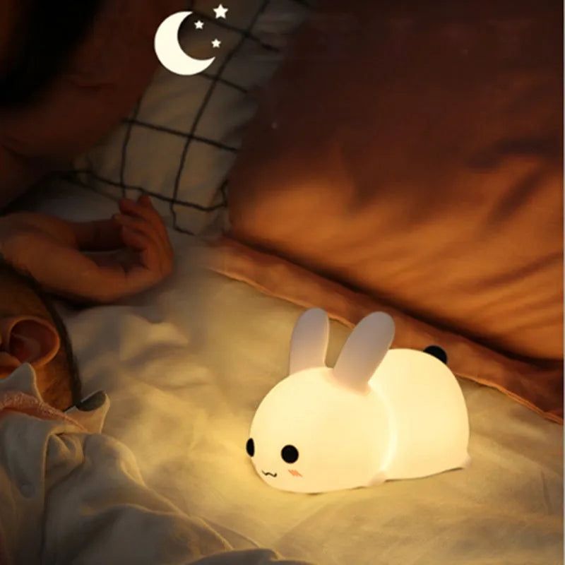 Colorful rabbit silicone LED night light in white with touch switch and double colour light modes