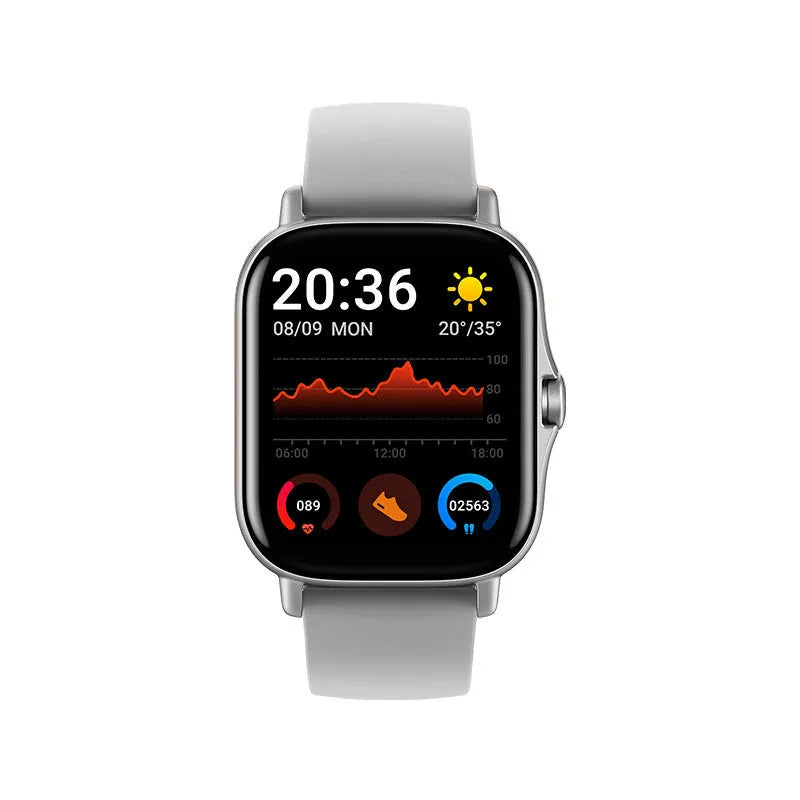 GT20 smartwatch in black on wrist showing heart rate monitoring on screen