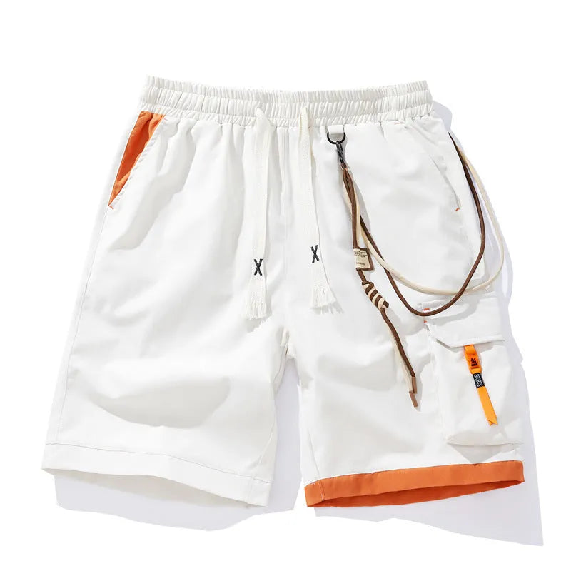 Men's plus size bamboo fibre sports shorts in a loose, high-waisted, straight-leg design on a hanger.