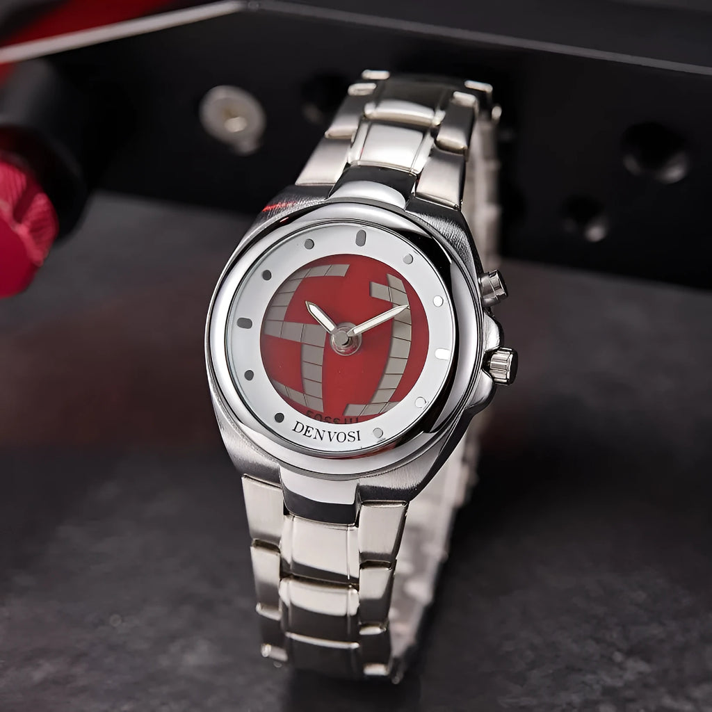 Men's Y2K digital watch with dual LCD displays showing blue flame dial on an alloy strap with stainless steel buckle.