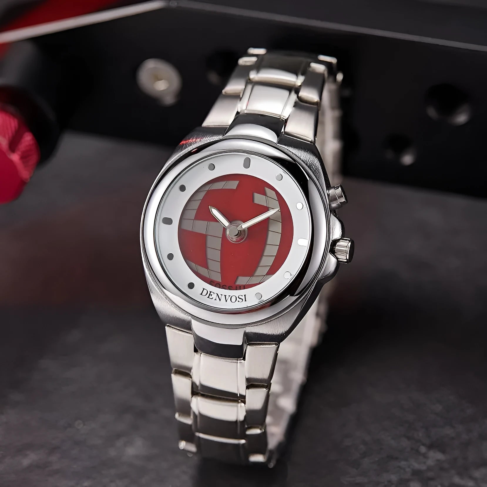 Men's Y2K digital watch with dual LCD displays showing blue flame dial on an alloy strap with stainless steel buckle.