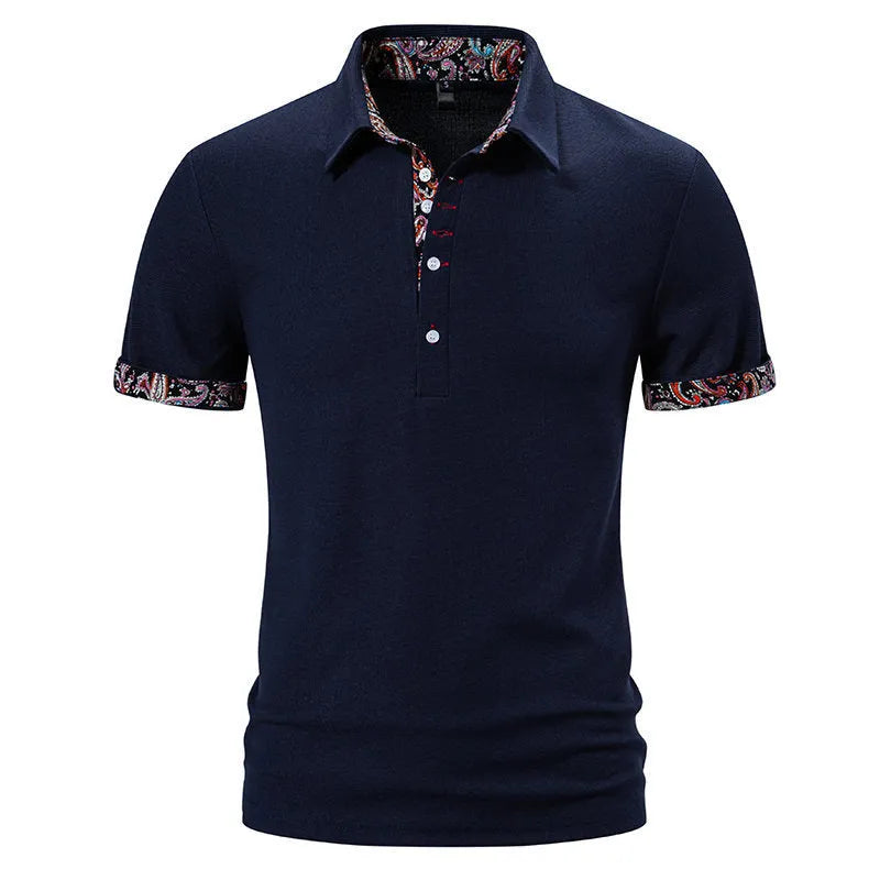 Men's navy blue polo shirt with turnover collar and contrast colour stitching on short sleeves.