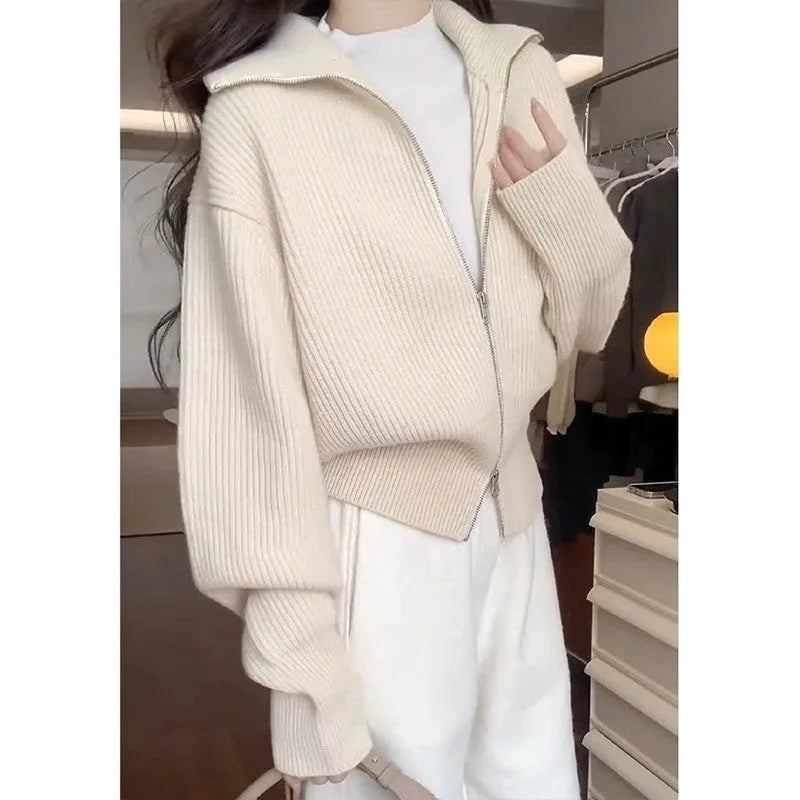 Hong Kong style grey double zipper knitted cardigan jacket with a floral pattern, shown on a model.