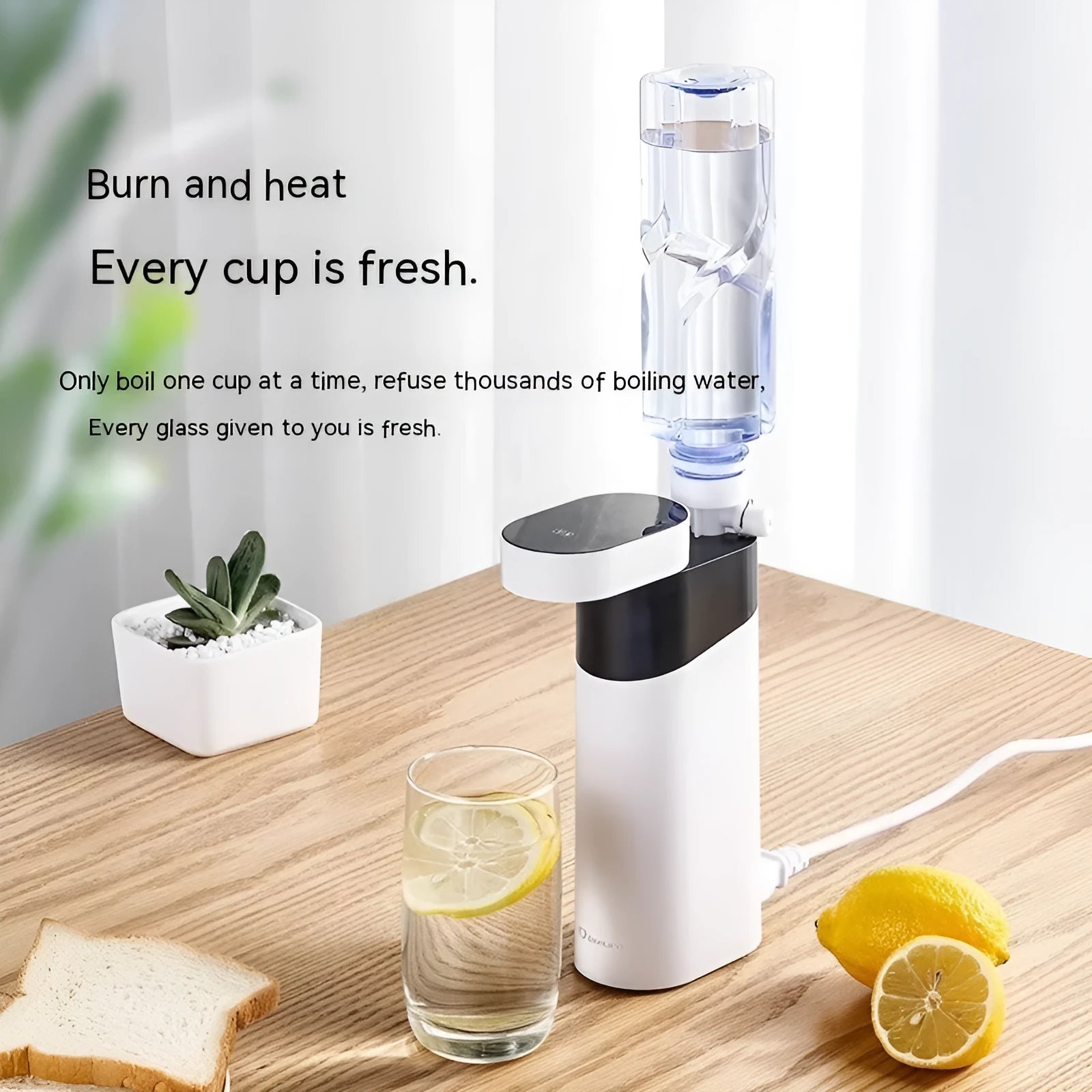 Small black or green desktop instant water dispenser with digital display for home and travel use.