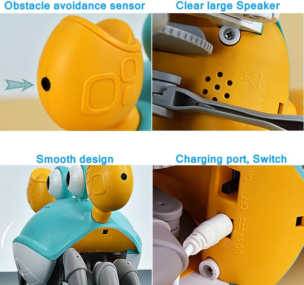 Blue electronic crab dog toy with lights on a floor, demonstrating side-crawling movement.