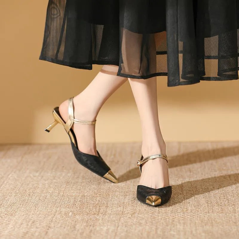 Women's genuine leather high-heeled sandals with pointed toe and 6CM heel