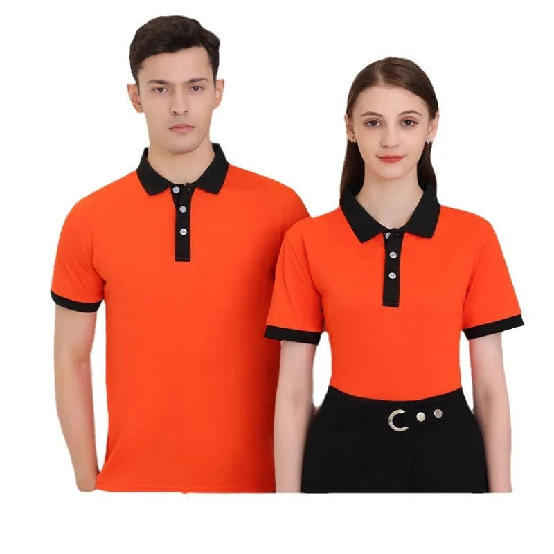 Men's and women's red lapel t-shirt with short sleeves and a V-neck collar on a hanger.