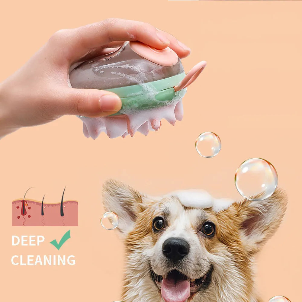 Blue pet grooming brush with integrated shampoo dispenser and silicone bristles for dogs and cats