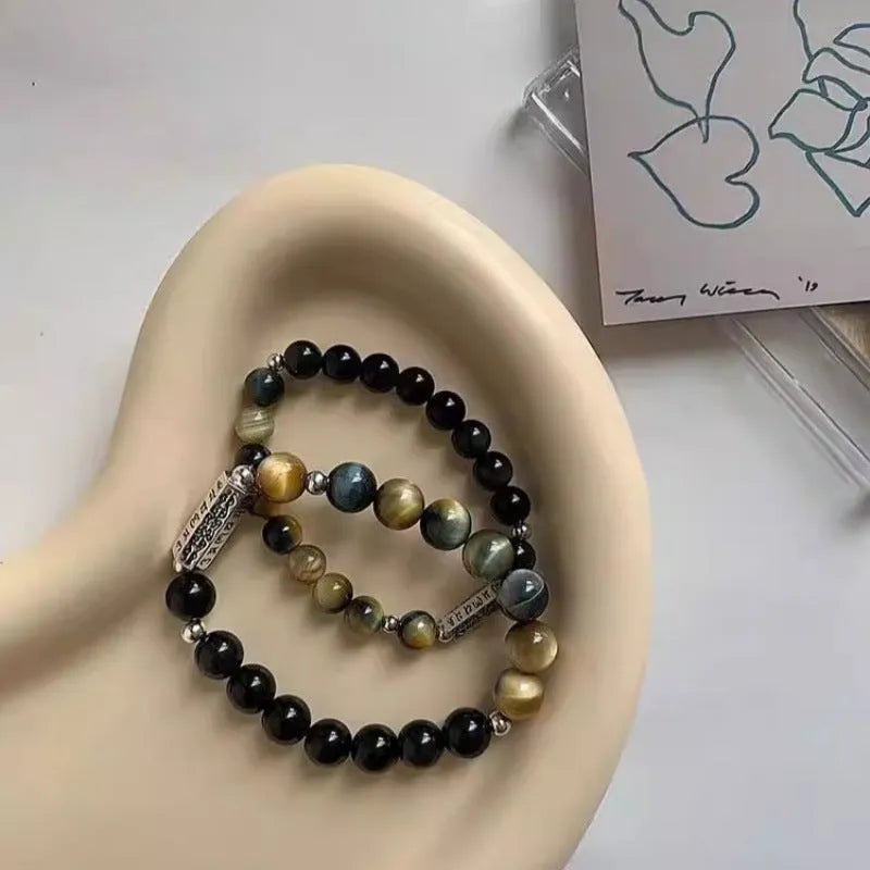 Tigereye Obsidian S925 Sterling Silver Six Words Mantra couple bracelet set for men and women