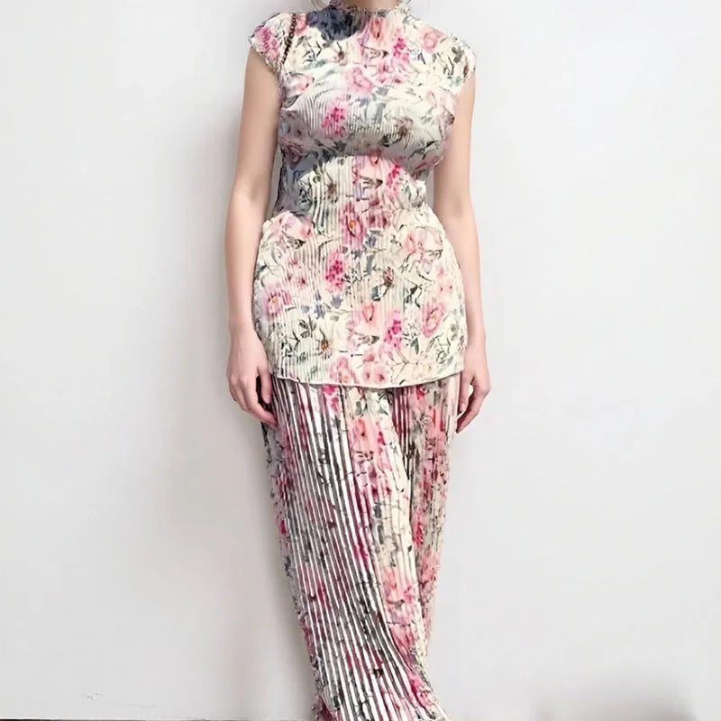 Long sleeve printed chiffon co-ord set with high waist dress and separate top.