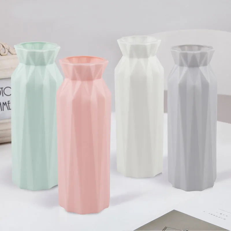 Drop-resistant melamine plastic vase in green, grey, pink, or white colours.