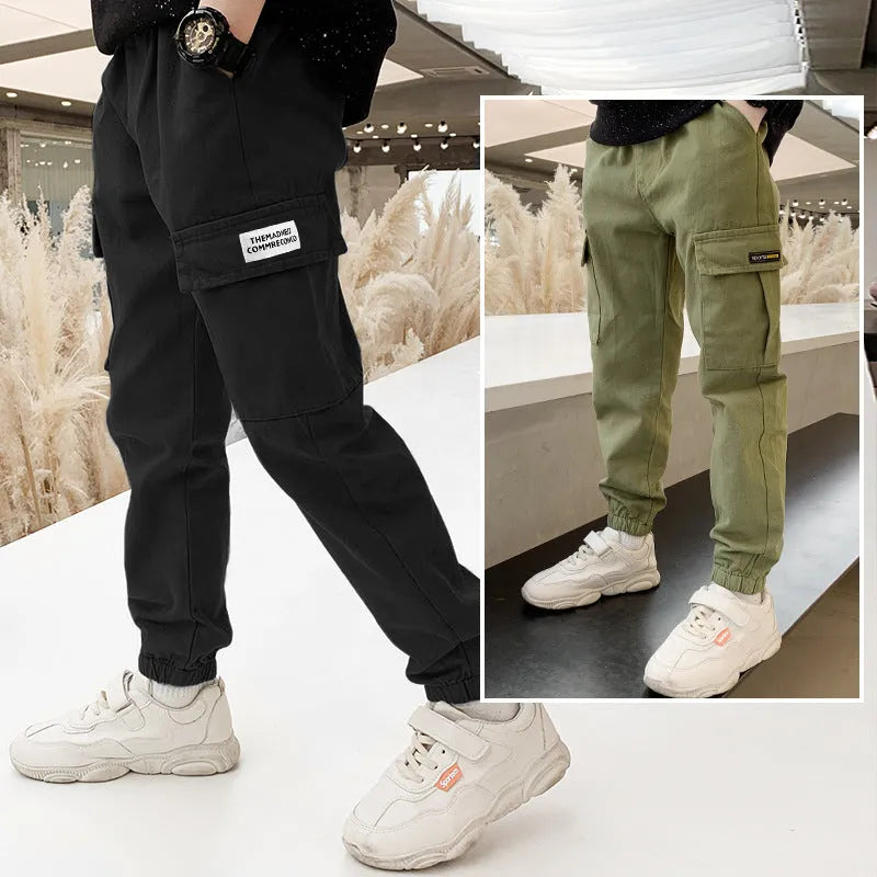 Boys' cotton casual trousers in army green, black, or khaki showing summer overalls style and non-opening crotch design