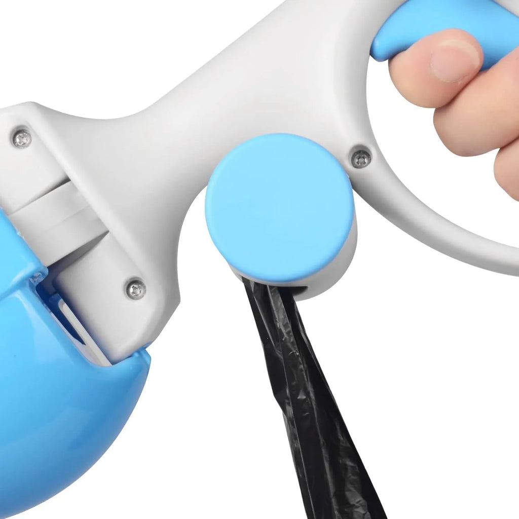 Black ABS plastic pet pooper scooper with built-in bag holder and top hanging hook.