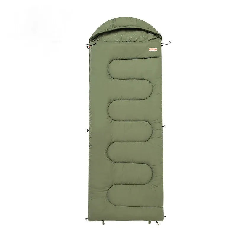 Portable ochre and olive green cotton sleeping bag quilt laid out flat, showing its quilted design for camping.