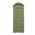Portable ochre and olive green cotton sleeping bag quilt laid out flat, showing its quilted design for camping.