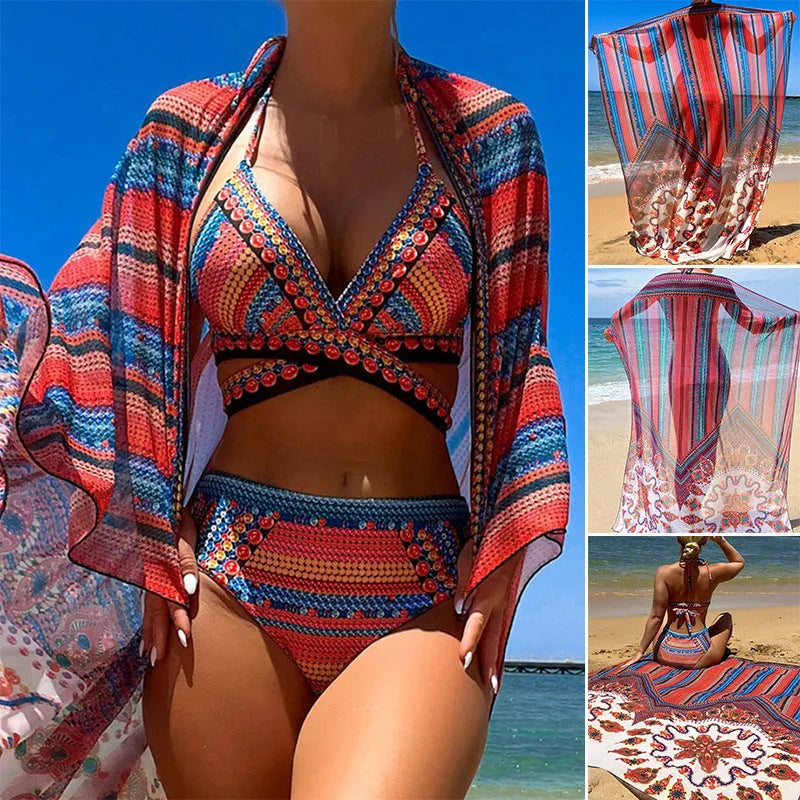 Women's three-piece split swimsuit set showing high-waisted briefs, cutout blouse, and coat in the pictured colour.