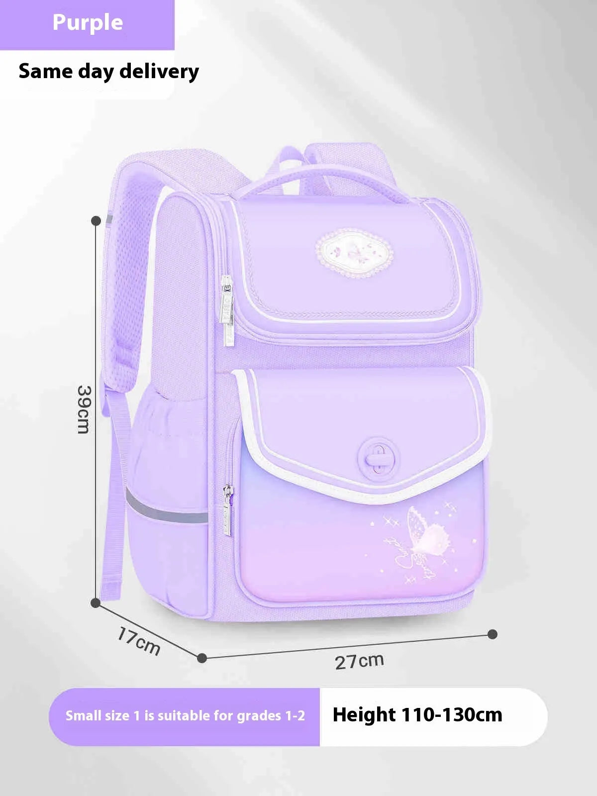 Girls' waterproof Oxford cloth school backpack in pink, purple, or green colours for primary students aged 3-6