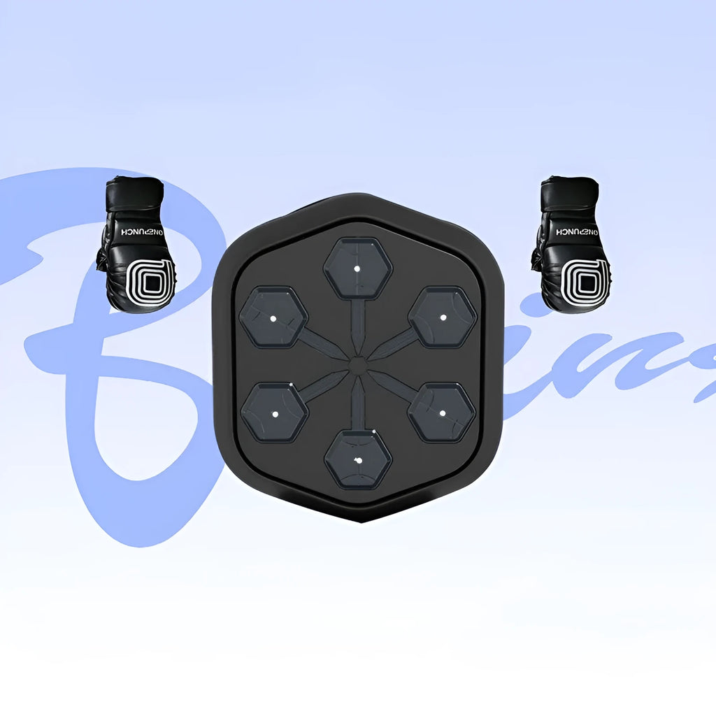 Smart black boxing machine with Bluetooth connectivity and Velcro straps, includes boxing gloves